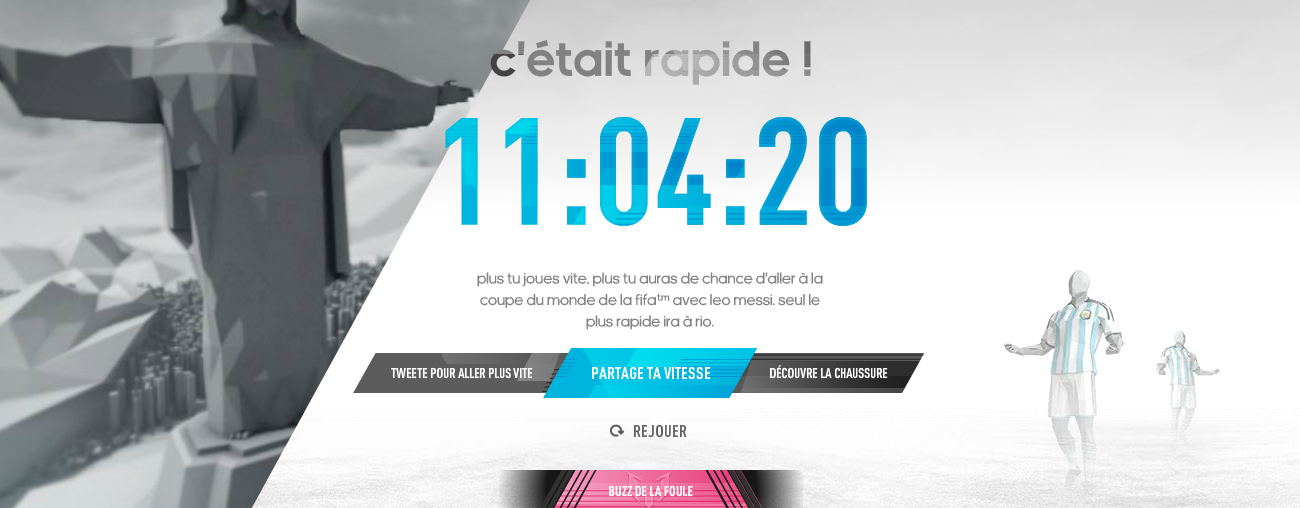 French end screen of adidas Fast or Fail: a run time of 11:04:20 in large blue digits under the words c'était rapide, buttons to tweet to go faster, share your speed and discover the boot, a replay link and a pink crowd-buzz tab, beside a low-poly Christ the Redeemer statue