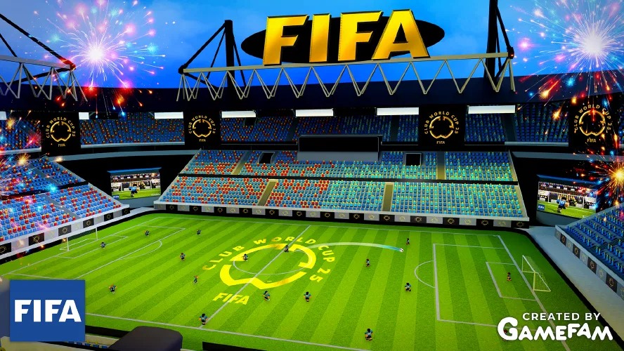 Super League Soccer's Roblox stadium with a FIFA sign, fireworks, players and Club World Cup 25 branding on the pitch