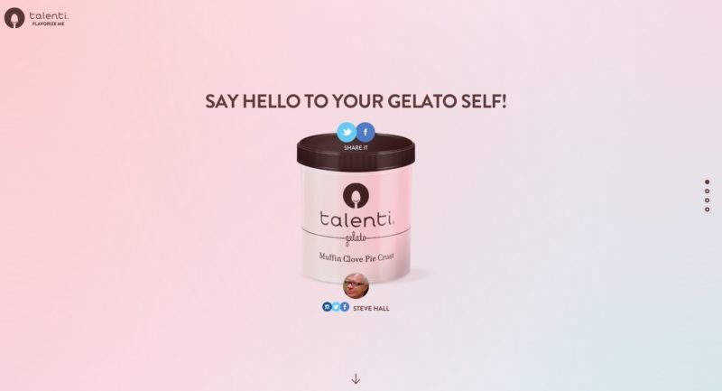 Flavorize Me result page for Talenti: the heading Say hello to your gelato self above a Talenti gelato pint labelled Muffin Clove Pie Crust, with Twitter and Facebook Share it buttons over the lid and the player's profile photo and social icons below