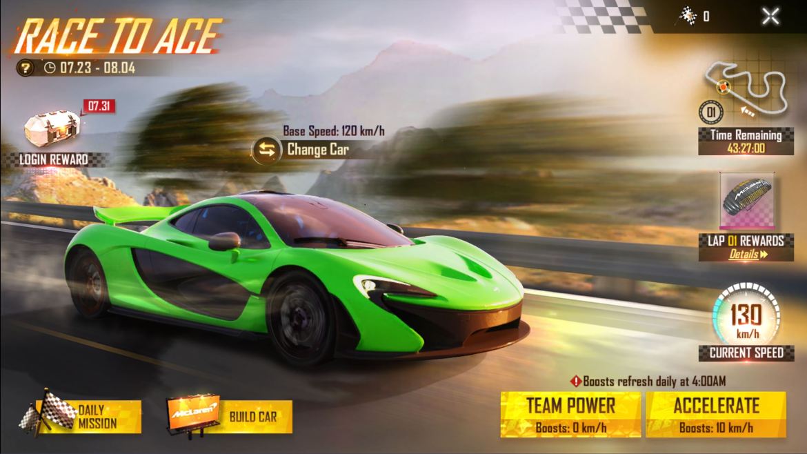 A green McLaren P1 speeds along a road below hills on the Race to Ace event screen in Free Fire, with Change Car, Build Car and Accelerate buttons and a 130 km/h speed dial