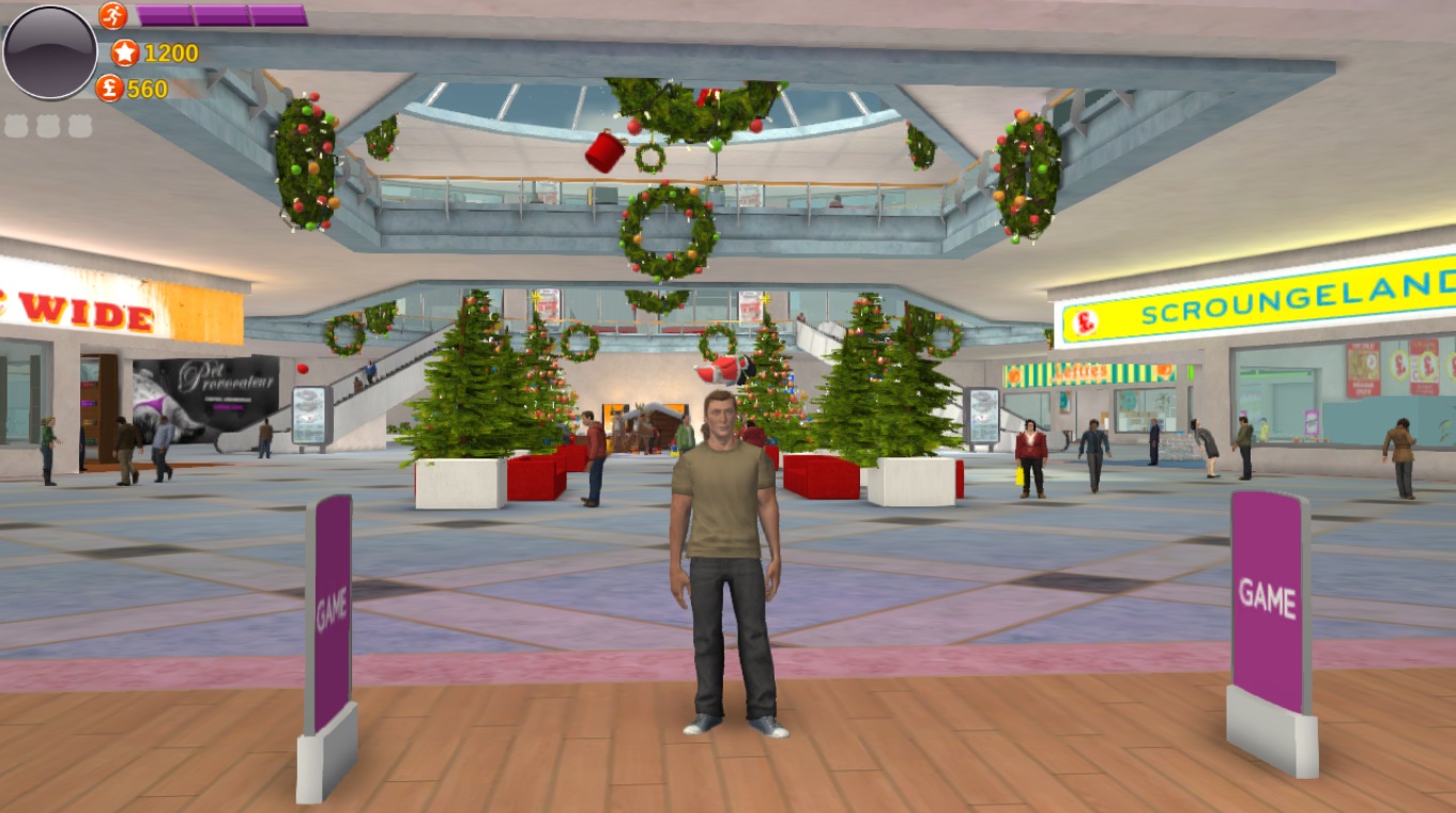 Player character standing in a decorated shopping centre between two GAME signs in Christmas Shopper Simulator