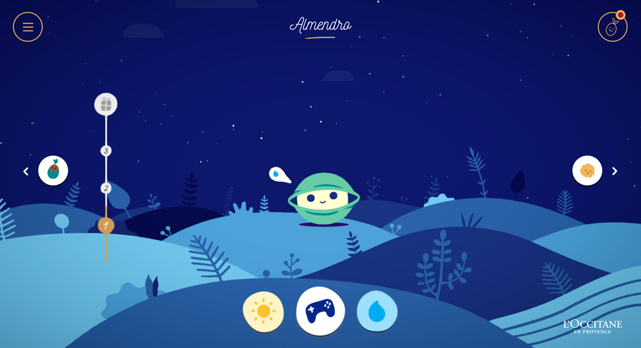 Seeds of Dreams for L'Occitane: a smiling seed named Almendro asks for water, beside a level track leading to a gift and buttons for sun, mini-games and water