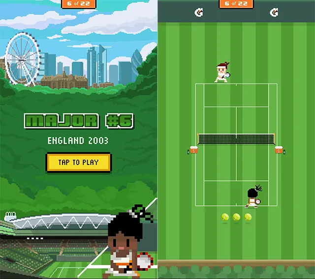 Two pixel-art screens from Gatorade's Serena Williams' Match Point: a Major 6, England 2003 title card with a Tap to Play button, and a green grass court with Serena at the baseline and a level counter reading 6 of 22