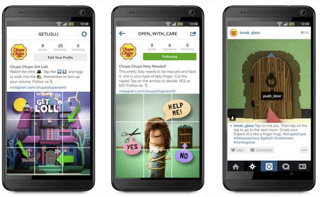 Three phones showing Get Lolli Instagram screens for Chupa Chups: a haunted-house profile grid, a tied-up finger character and a door tagged push_door