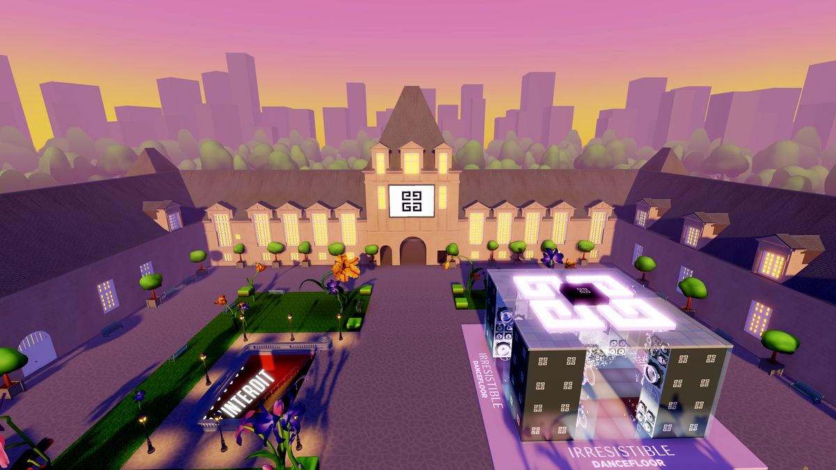 Givenchy's Beauty House on Roblox shows a manor courtyard with a glowing Irresistible dancefloor under a pink sky.