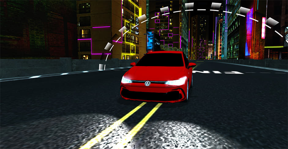 Red Volkswagen Golf on a neon-lit night city track in the Golf Ad Break Championship browser racing game