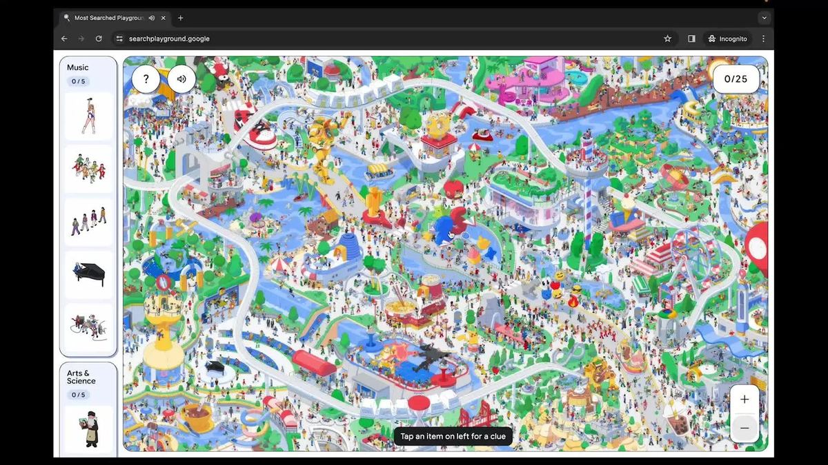 Most Searched Playground in a browser: a crowded illustrated park beside a sidebar of items to find, Google