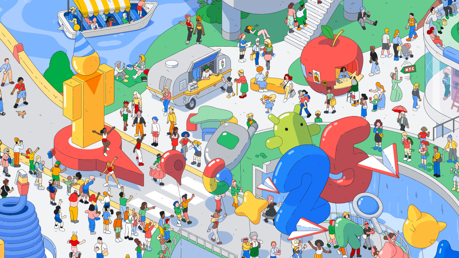 Google Most Searched Playground: a crowded illustrated park with balloons shaped like the Android robot, a map pin and the number 25