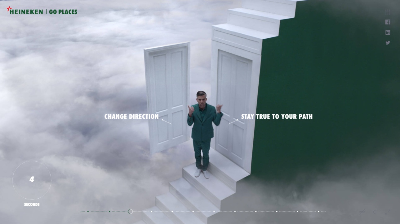 Man in a green suit between two doors above clouds in Heineken's Go Places, with two answers and a timer