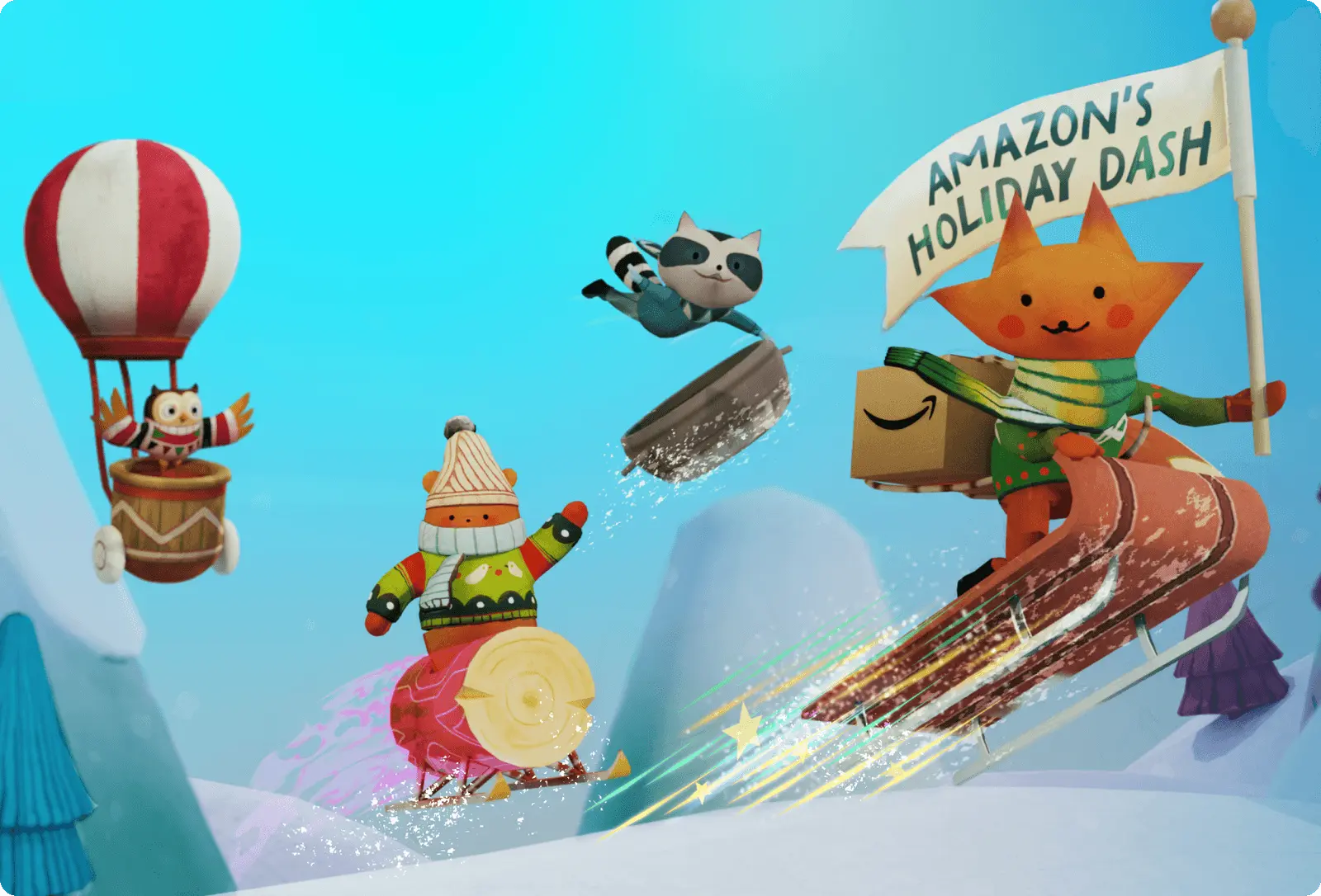 A fox carrying an Amazon box sleds downhill with an Amazon's Holiday Dash flag, joined by a bear, a raccoon and an owl in a hot-air balloon