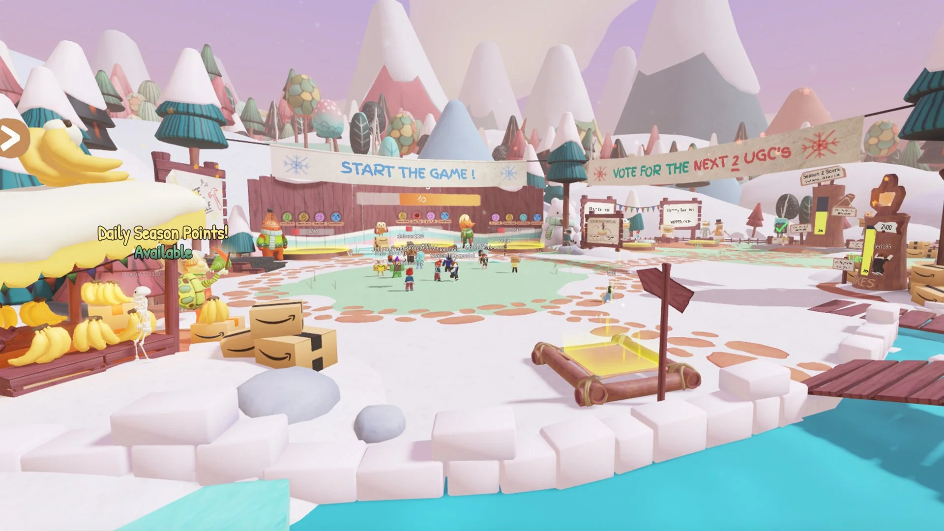 Amazon's world on Roblox: avatars gather in a snowy lobby under banners reading Start the game and Vote for the next 2 UGC's, next to stacked Amazon boxes and a banana stall