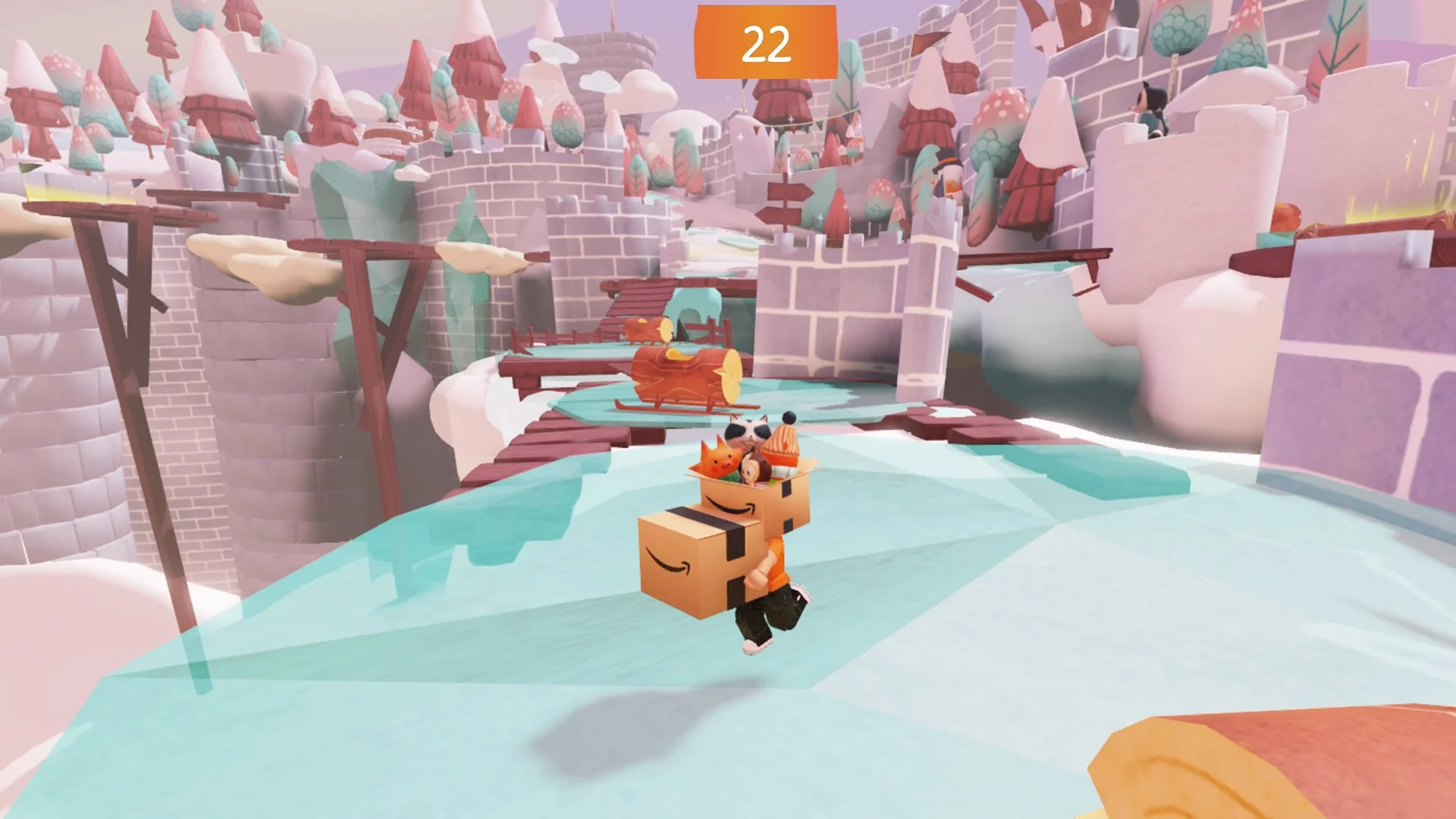 Roblox avatar carrying Amazon boxes, one full of plush toys, runs along an icy track in Amazon's Holiday Dash