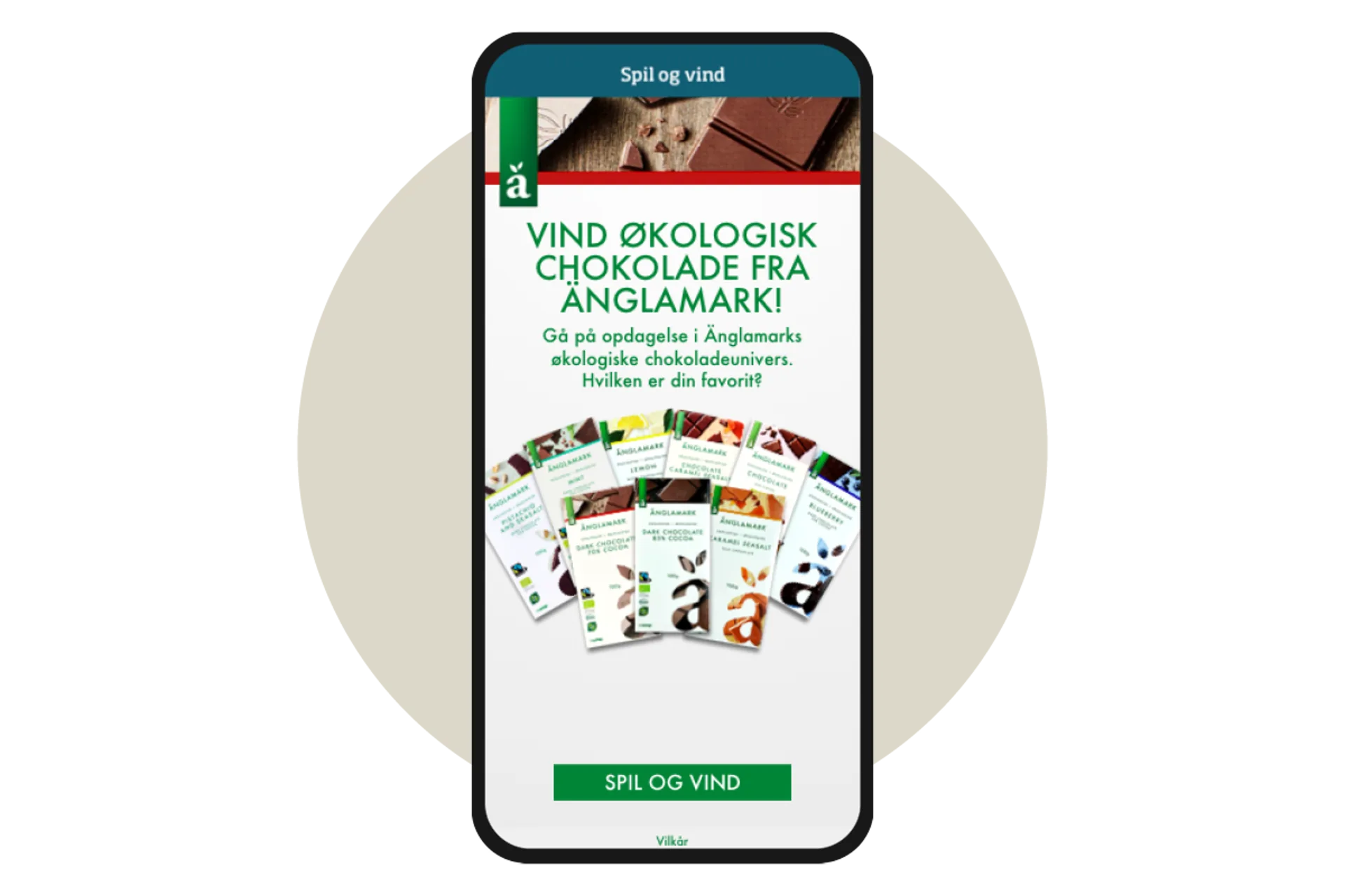 Coop Spil og vind start screen on a phone offering Änglamark organic chocolate as a prize