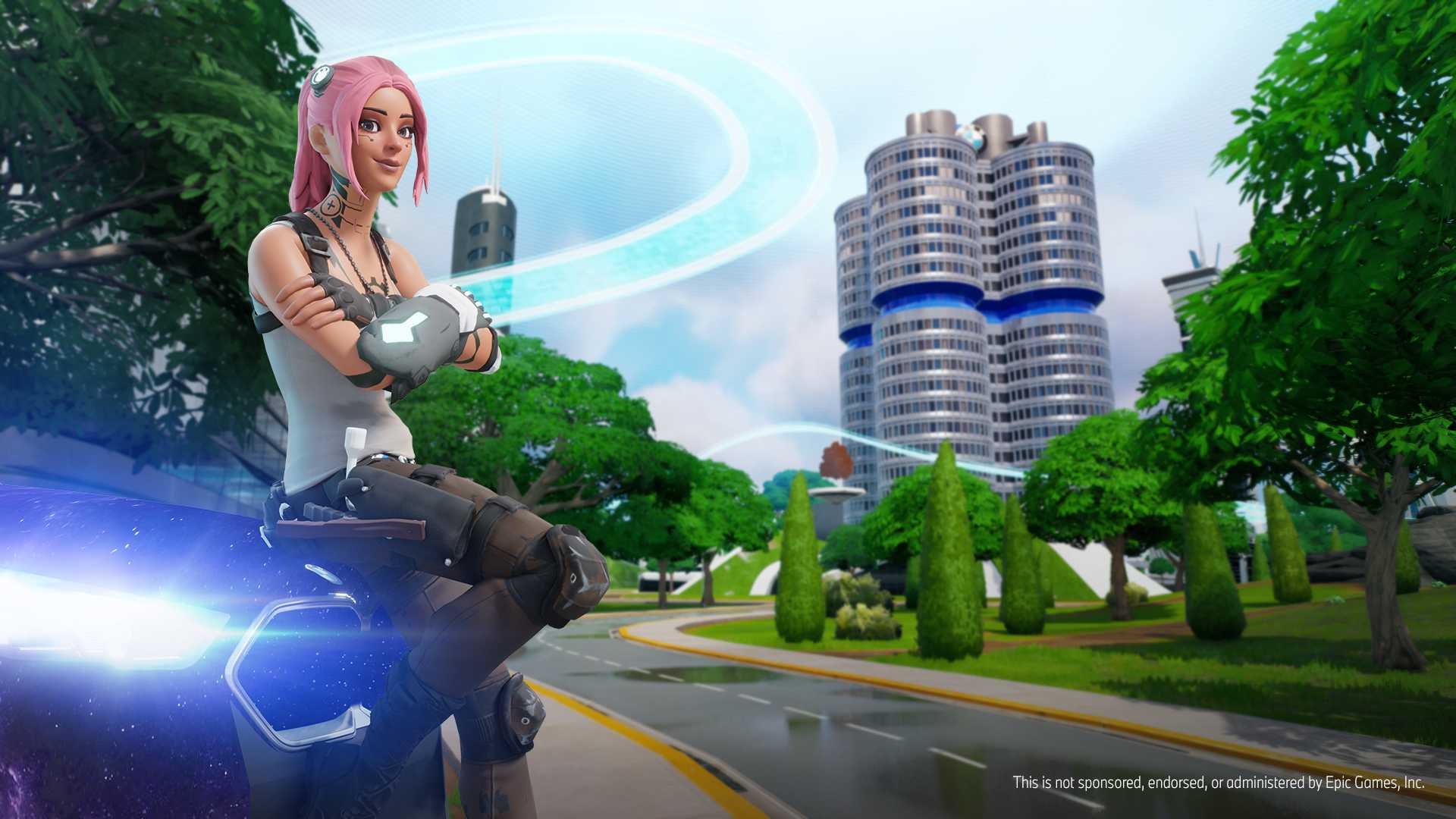 A pink-haired character sits on a car bonnet in Hypnopolis, with the BMW headquarters tower behind her and the disclaimer line Epic requires in the corner