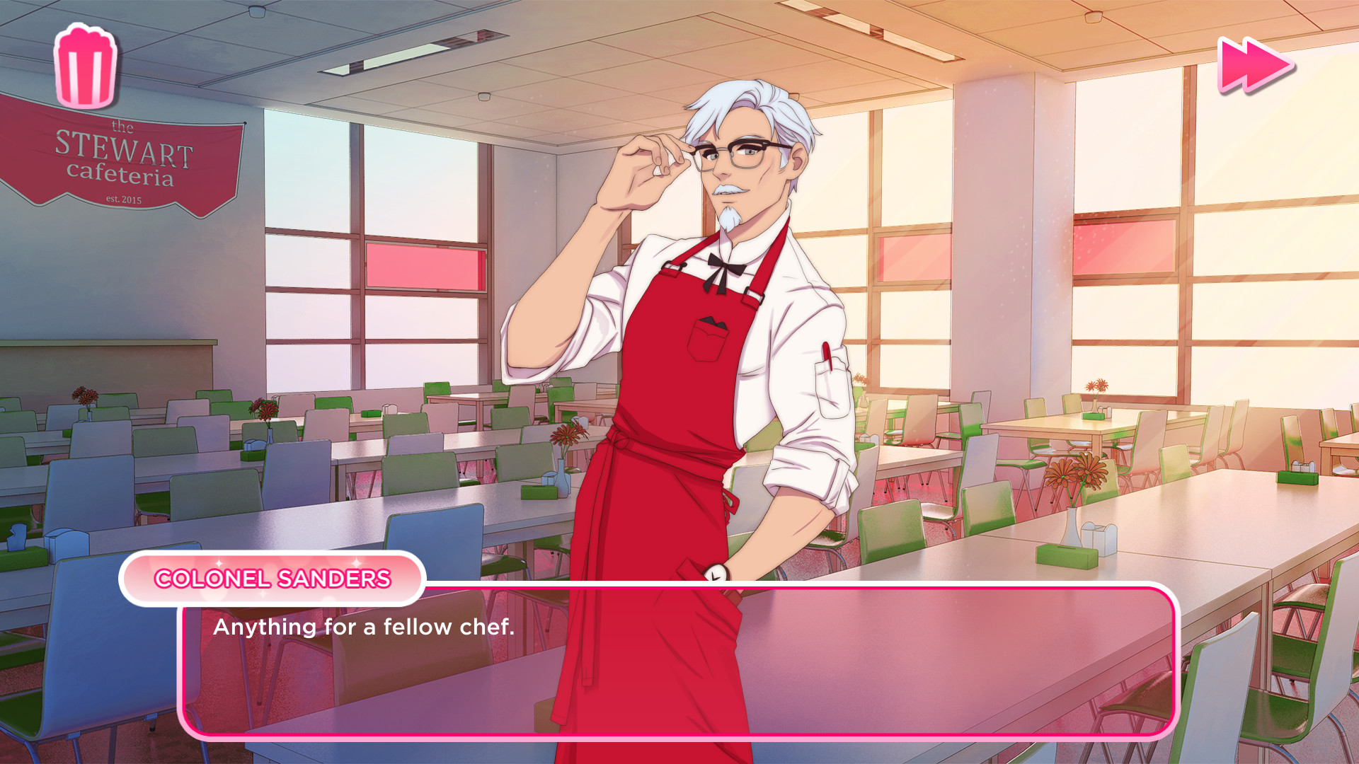 An anime-style Colonel Sanders in a red apron adjusts his glasses in a school cafeteria above a pink dialogue box, I Love You, Colonel Sanders! by KFC