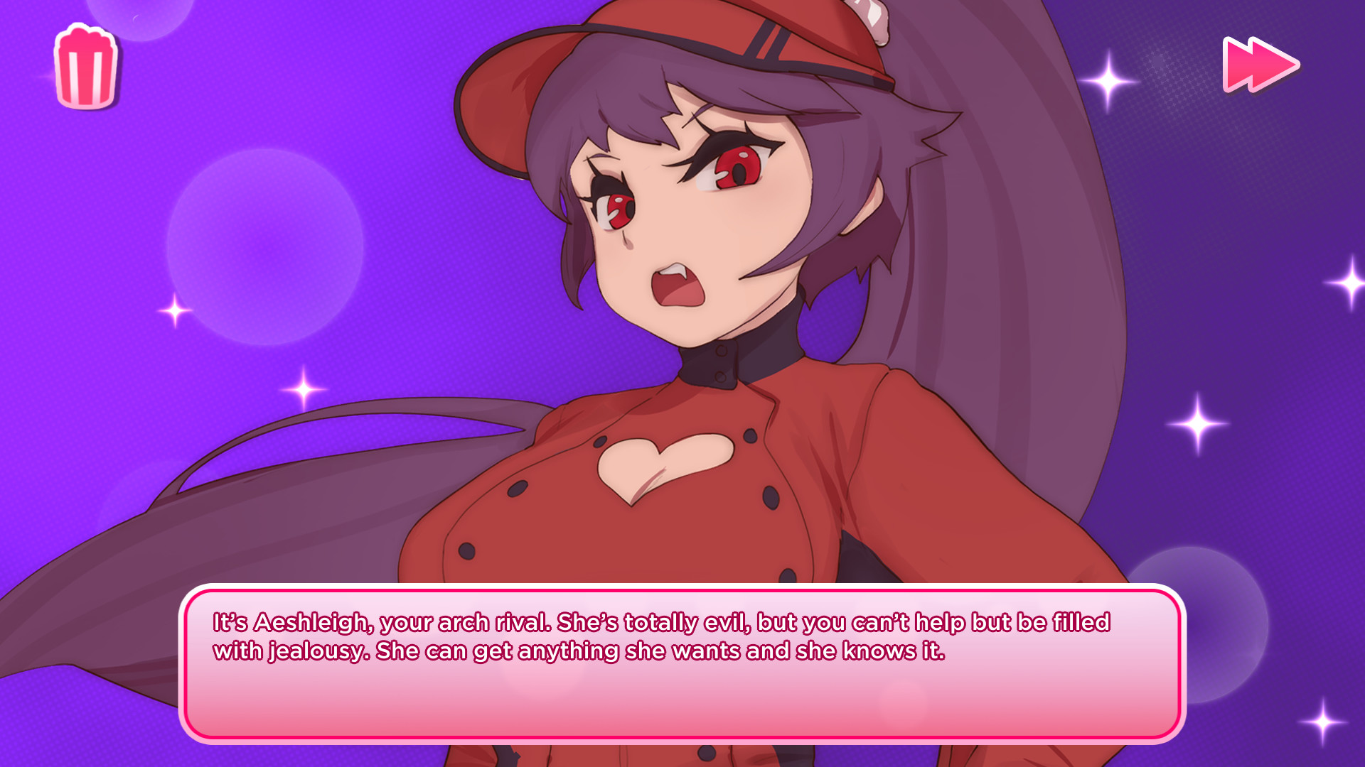 Aeshleigh, the player's purple-haired rival in a red chef's jacket, glares from a sparkly purple background with a dialogue box, I Love You, Colonel Sanders! by KFC