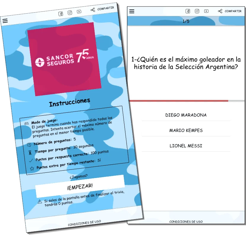 Two phone screens from Sancor Seguros's Copa América quiz: Spanish instructions listing five questions, 30 seconds each and 100 points per correct answer, and question 1 of 5 asking who is Argentina's all-time top scorer, with three names to pick from