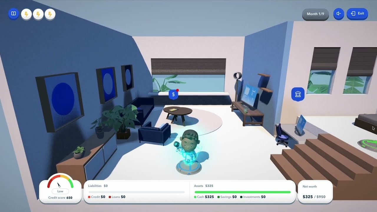 Avatar in a 3D apartment in Prosperity Quest for Intuit, with credit score, assets and net worth panels below