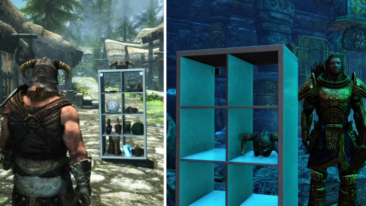 Two Skyrim scenes side by side: a warrior in a horned helmet stands on a village path near a white KALLAX shelf full of loot, and a KALLAX holding a horned helmet stands beside an armoured man in blue-lit ruins