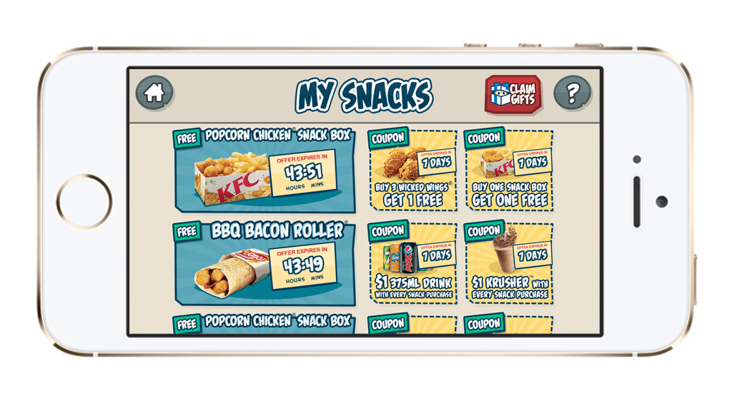 The My Snacks screen of KFC's Snack! In The Face app on a phone: free Popcorn Chicken Snack Box and BBQ Bacon Roller offers with expiry timers, and coupons such as buy three Wicked Wings get one free and a $1 Krusher with every snack purchase