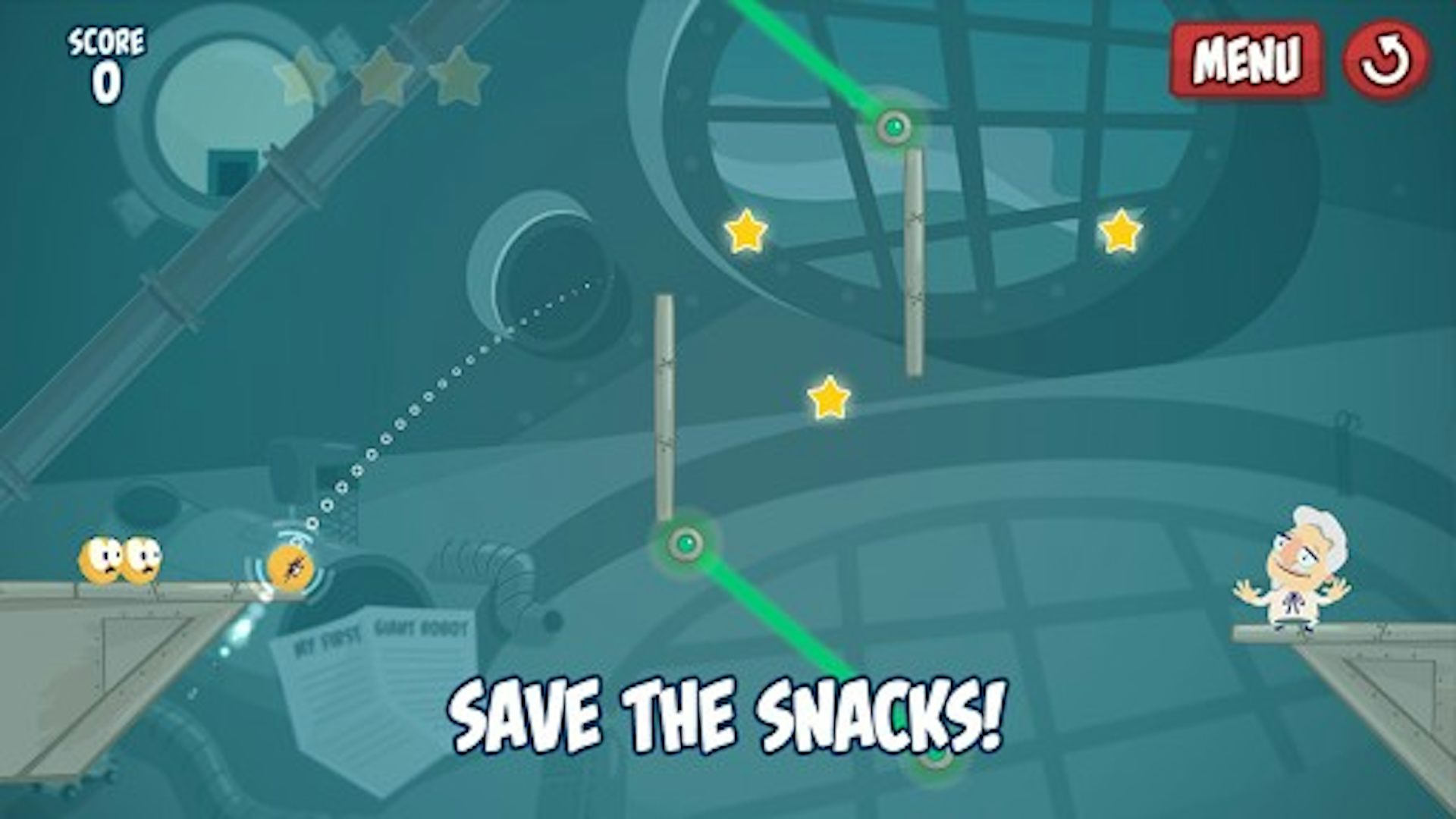 Gameplay in KFC's Snack! In the Face: a popcorn chicken piece is aimed along a dotted line, with metal posts and gold stars between it and a cartoon Colonel Sanders on a ledge, plus a score of 0, a Menu button and a Save the Snacks banner
