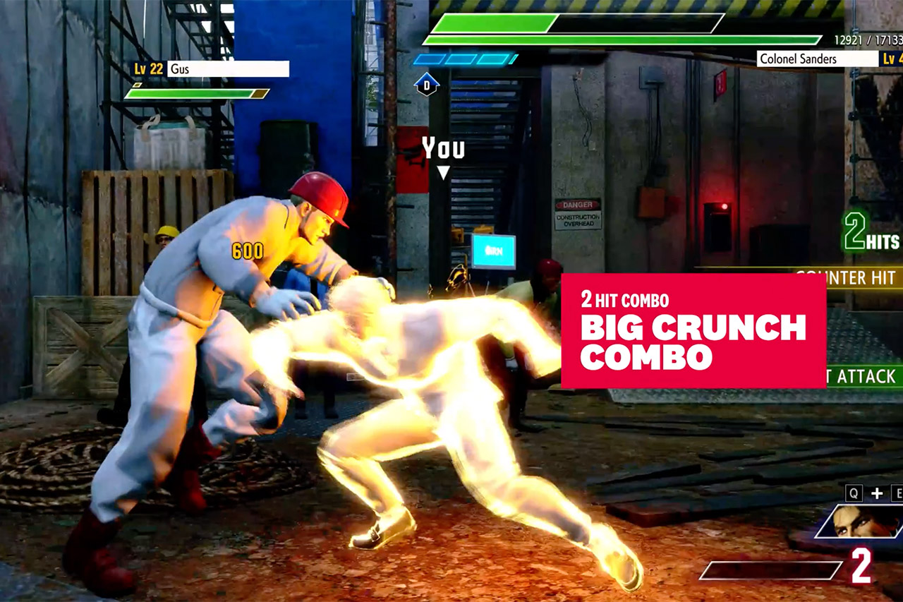 Street Fighter 6 gameplay: KFC's Colonel Sanders character lands a two-hit combo on an opponent named Gus