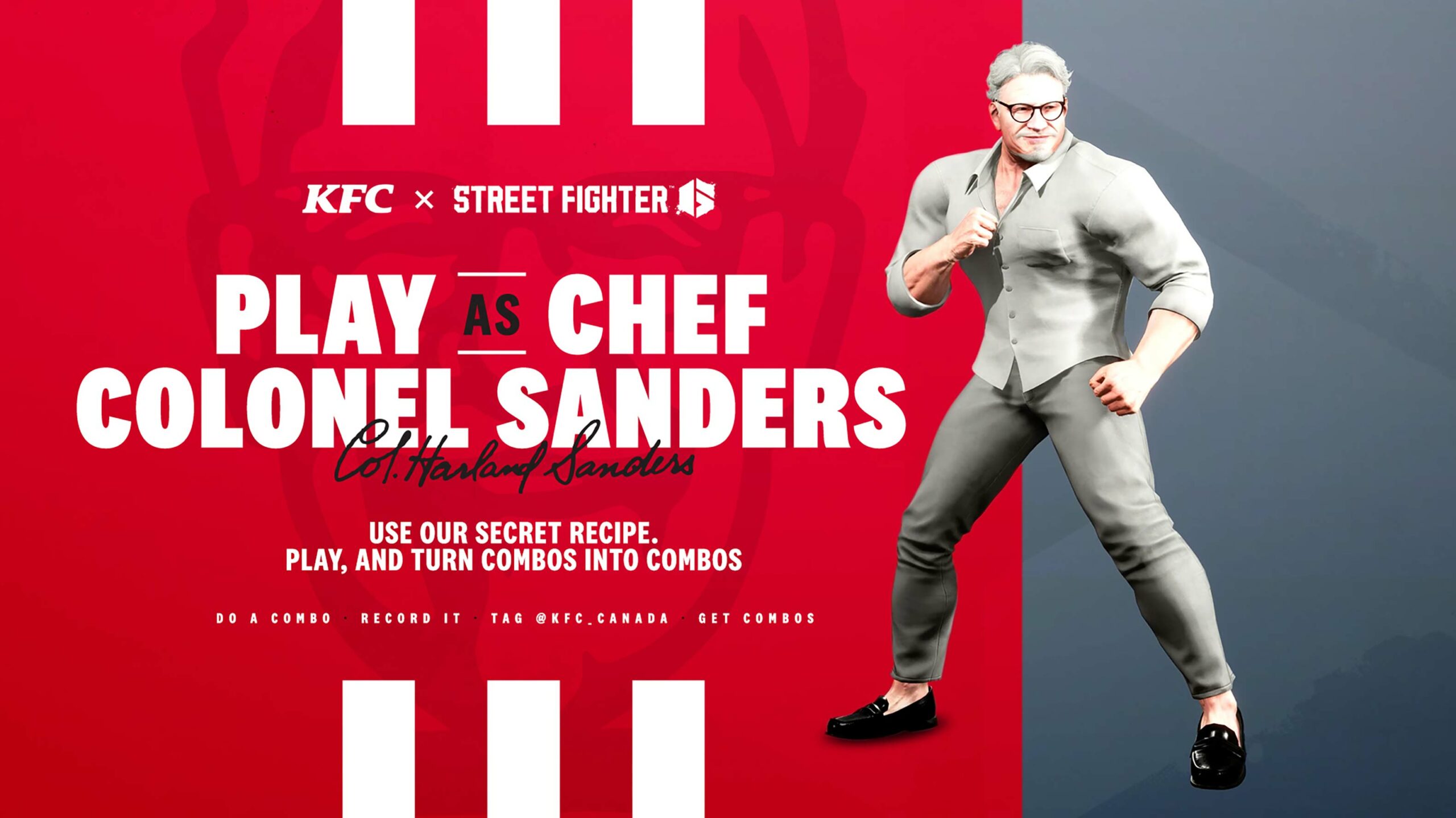 A muscular Street Fighter 6 fighter styled as Colonel Sanders with white hair and glasses, beside the words Play as Chef Colonel Sanders, KFC