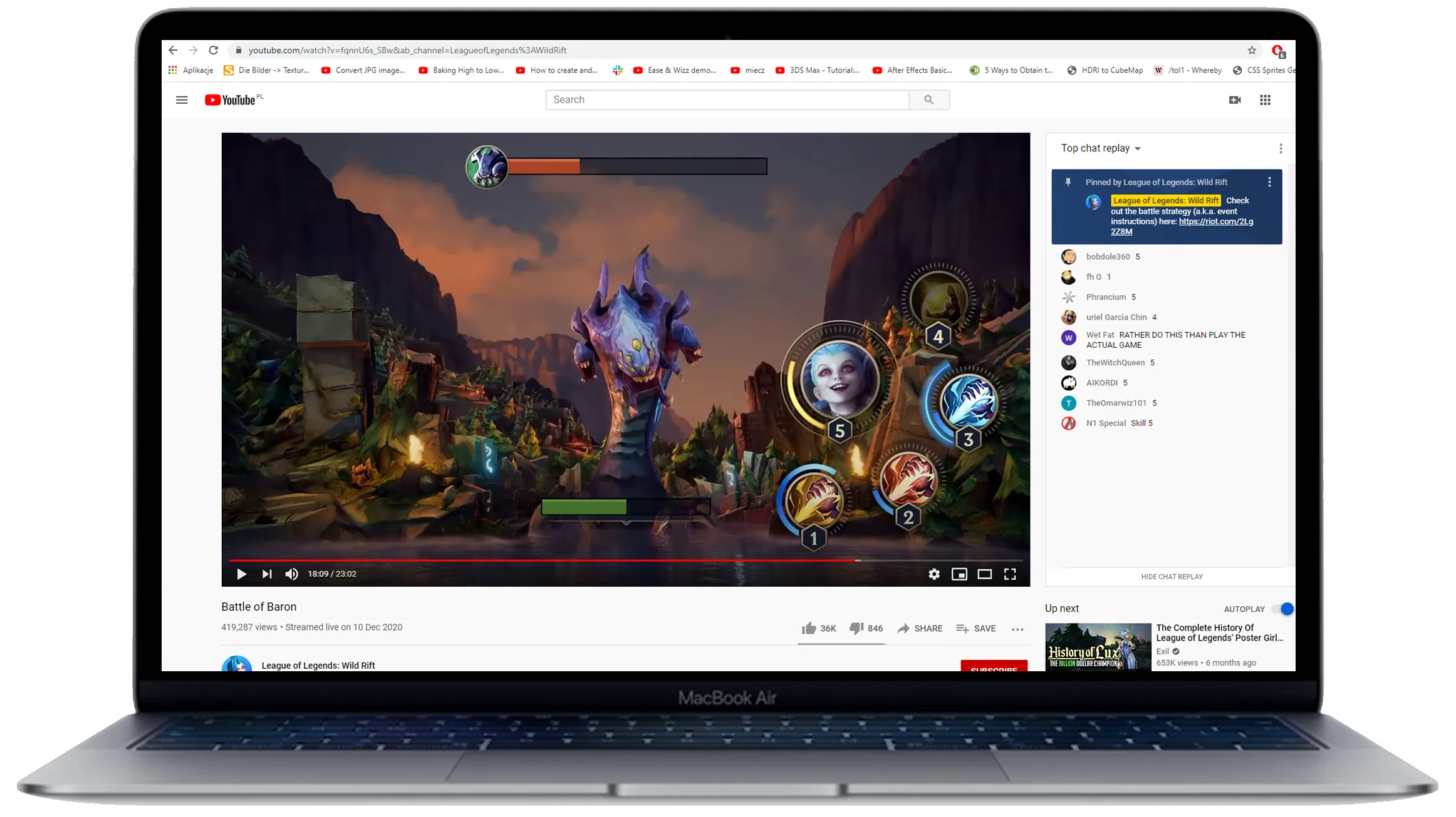 The Battle of Baron on YouTube in a laptop mock-up: Baron Nashor rises from the water under a health bar, ability icons numbered 1 to 5 sit on the right, and the chat replay beside it shows viewers posting numbers