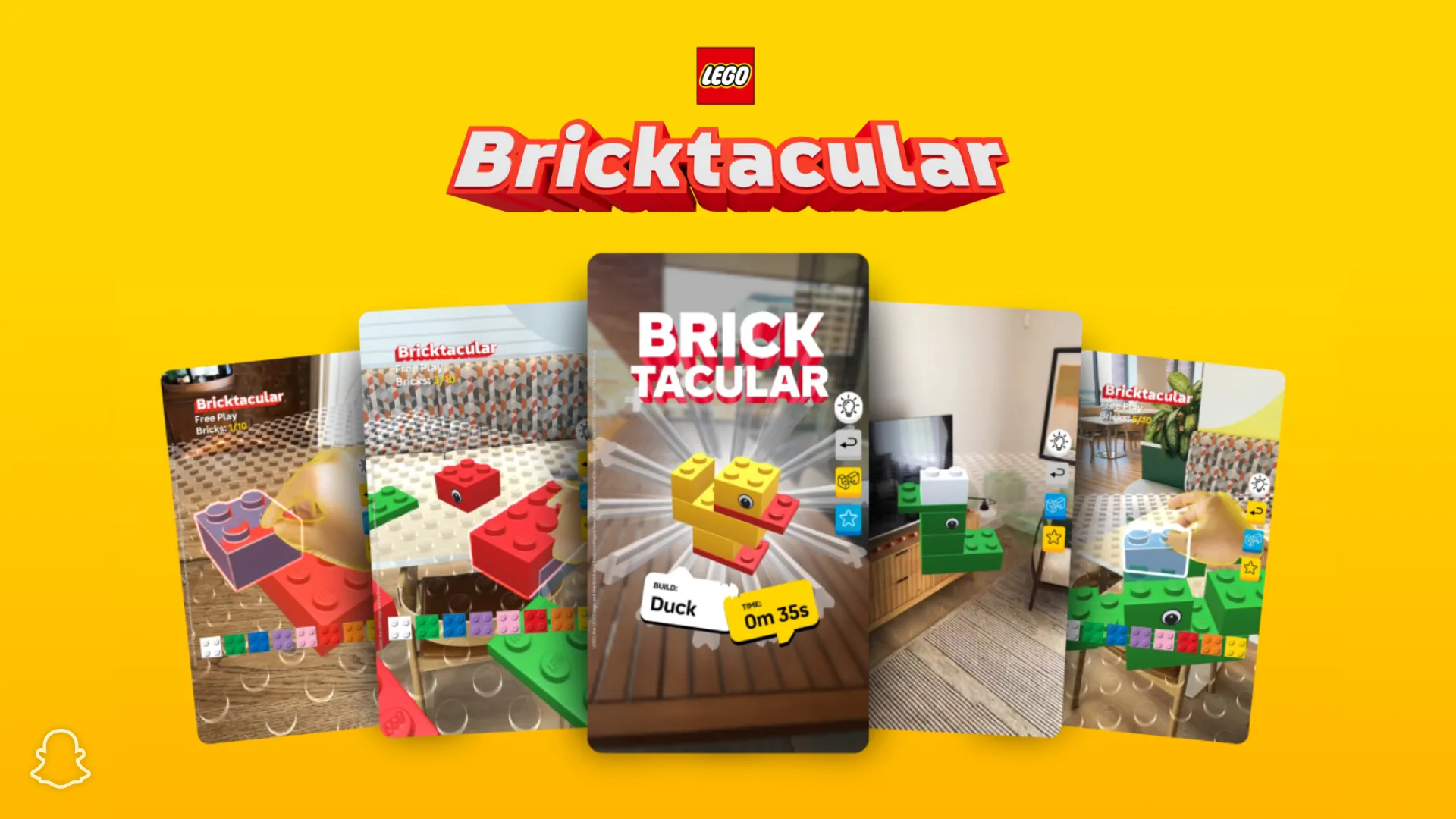 Five phone screens from LEGO's Bricktacular Snapchat Lens: virtual LEGO bricks on real floors and tables, and a yellow brick duck with the challenge Build: Duck and a timer reading 0m 35s