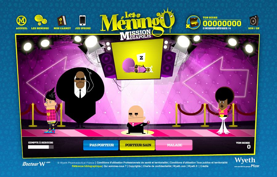 A Les Méningo mini-game for Wyeth France: cartoon characters on a pink stage above three answer buttons