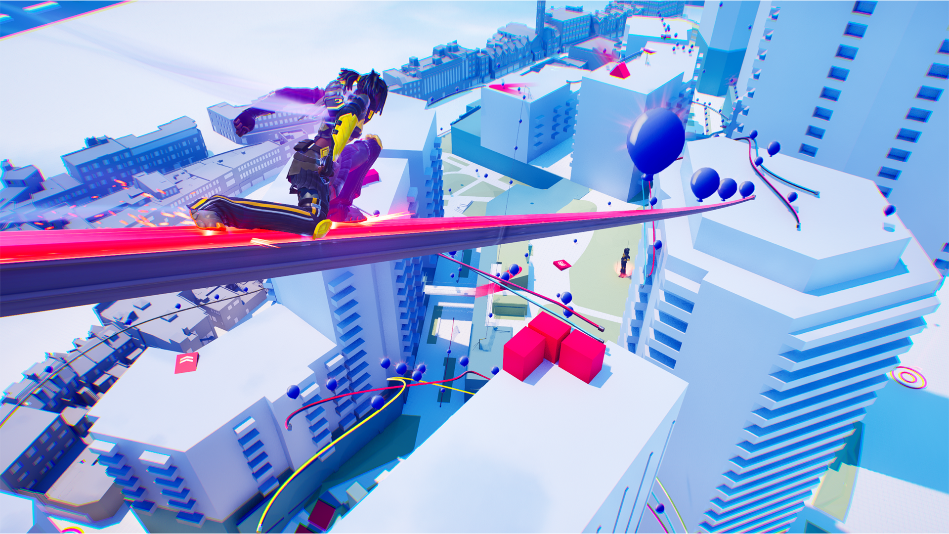 A player grinds a pink rail over white blocky streets in Landsec's Lewisham X Fortnite, past blue balloons