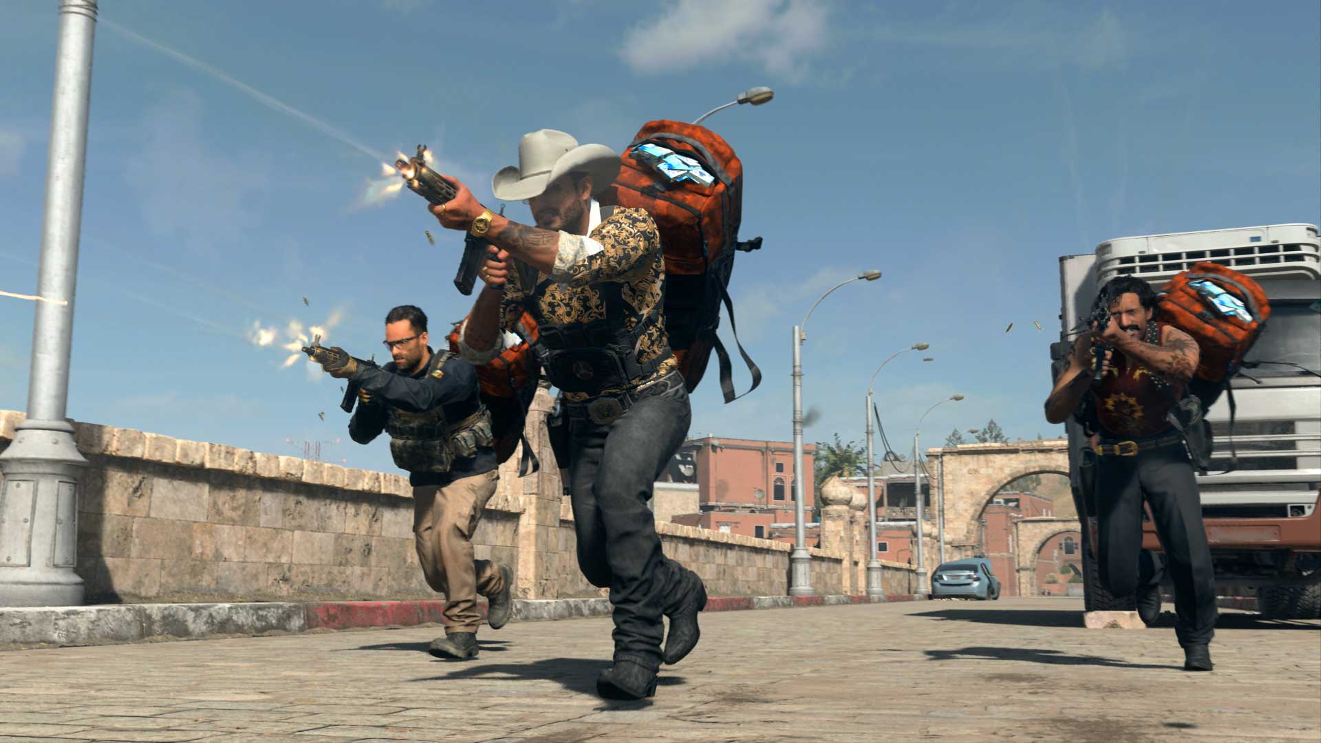 Three Call of Duty operators with bulging orange backpacks run and fire along a road edged by a stone wall, the lead one in a white cowboy hat, in Loot For Good for the Call of Duty Endowment