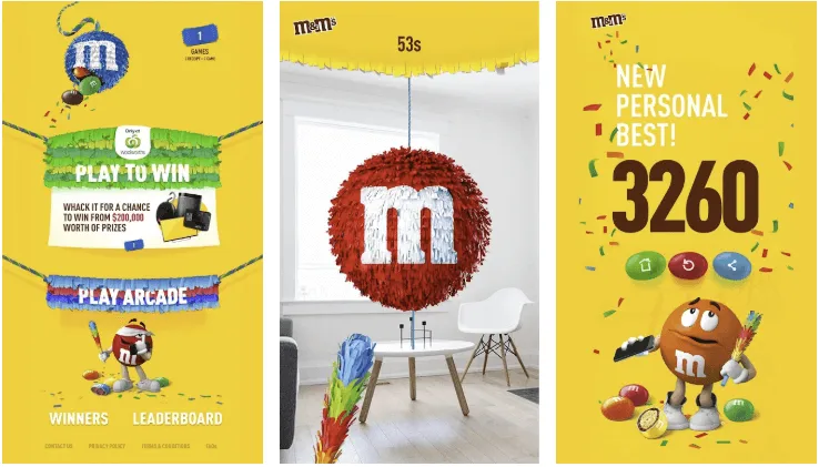 Three phone screens from M&M's Take Home The Fun: the Play to Win menu, an AR piñata hanging in a living room, and a new personal best score