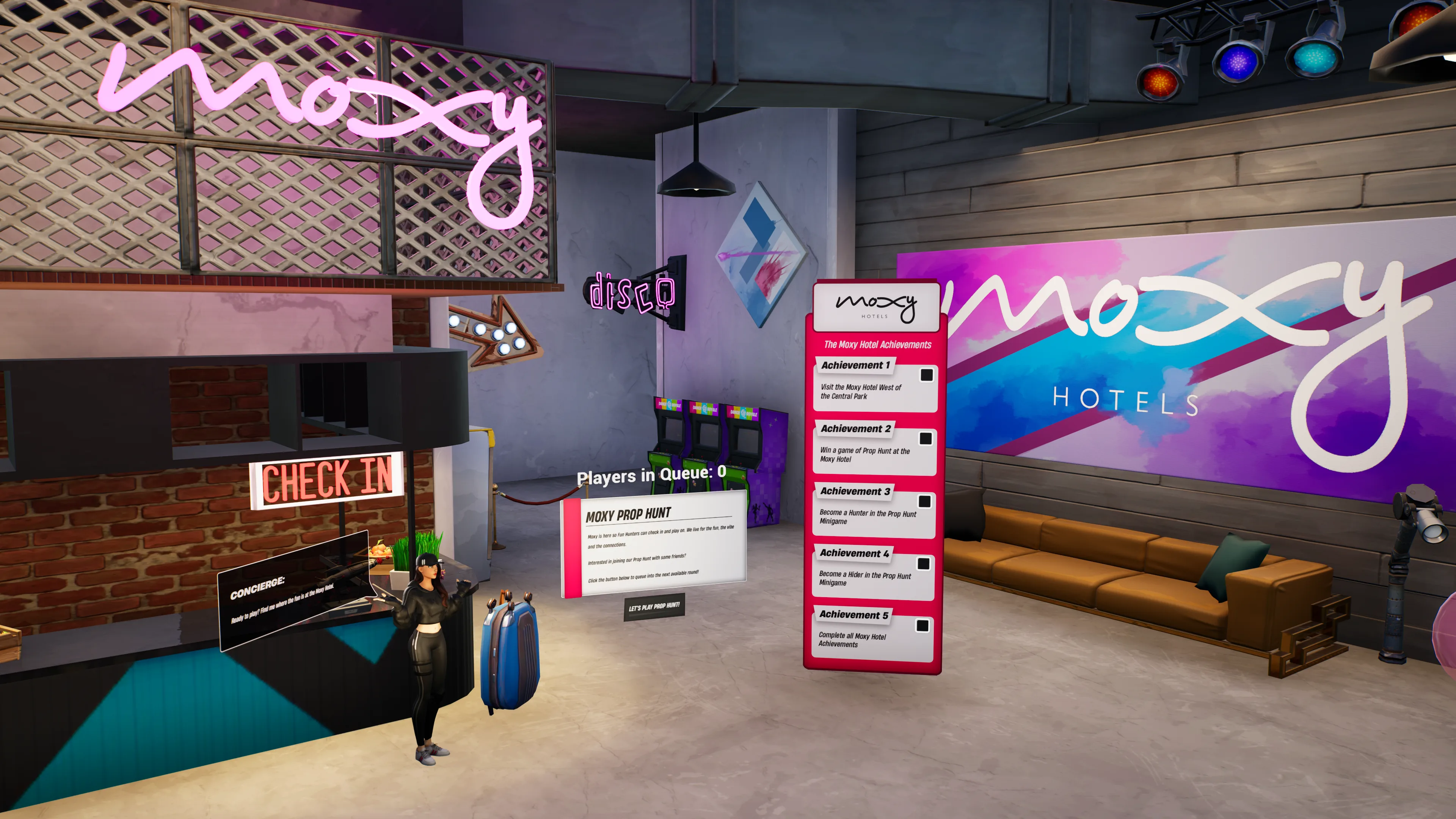 The Moxy lobby in Fortnite's Marriott Bonvoy Land, with a check-in desk, Prop Hunt queue board and achievements list