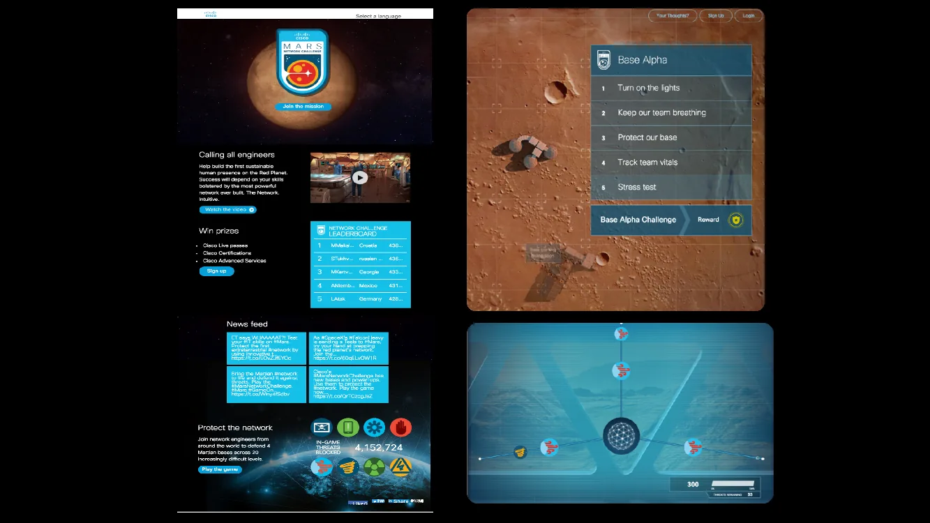 Mars Network Challenge for Cisco: the landing page with a Join the mission button, a Win prizes list, a Sign up button and a leaderboard, beside a Base Alpha level menu over a Martian surface and a defence level with threat icons closing in on a central node