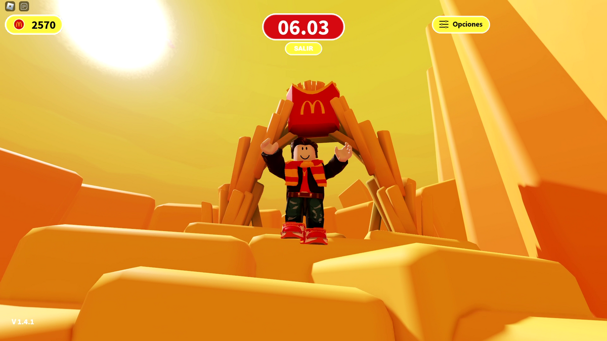 A Roblox avatar holds a McDonald's fries box over its head among giant fries in McDonald's LAND, with a counter bearing the McDonald's logo and reading 2570 in the corner and a timer at the top