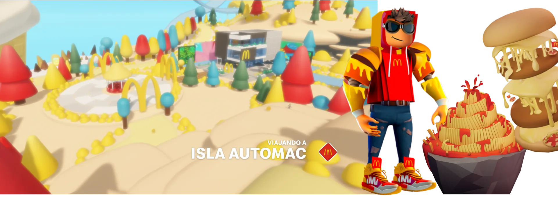 McDonald's LAND on Roblox: an avatar in a red hoodie with the golden arches, yellow sleeves with red drips, sunglasses and arch-branded trainers stands by a fries volcano and a stacked burger, beside an island view captioned Viajando a Isla AutoMac