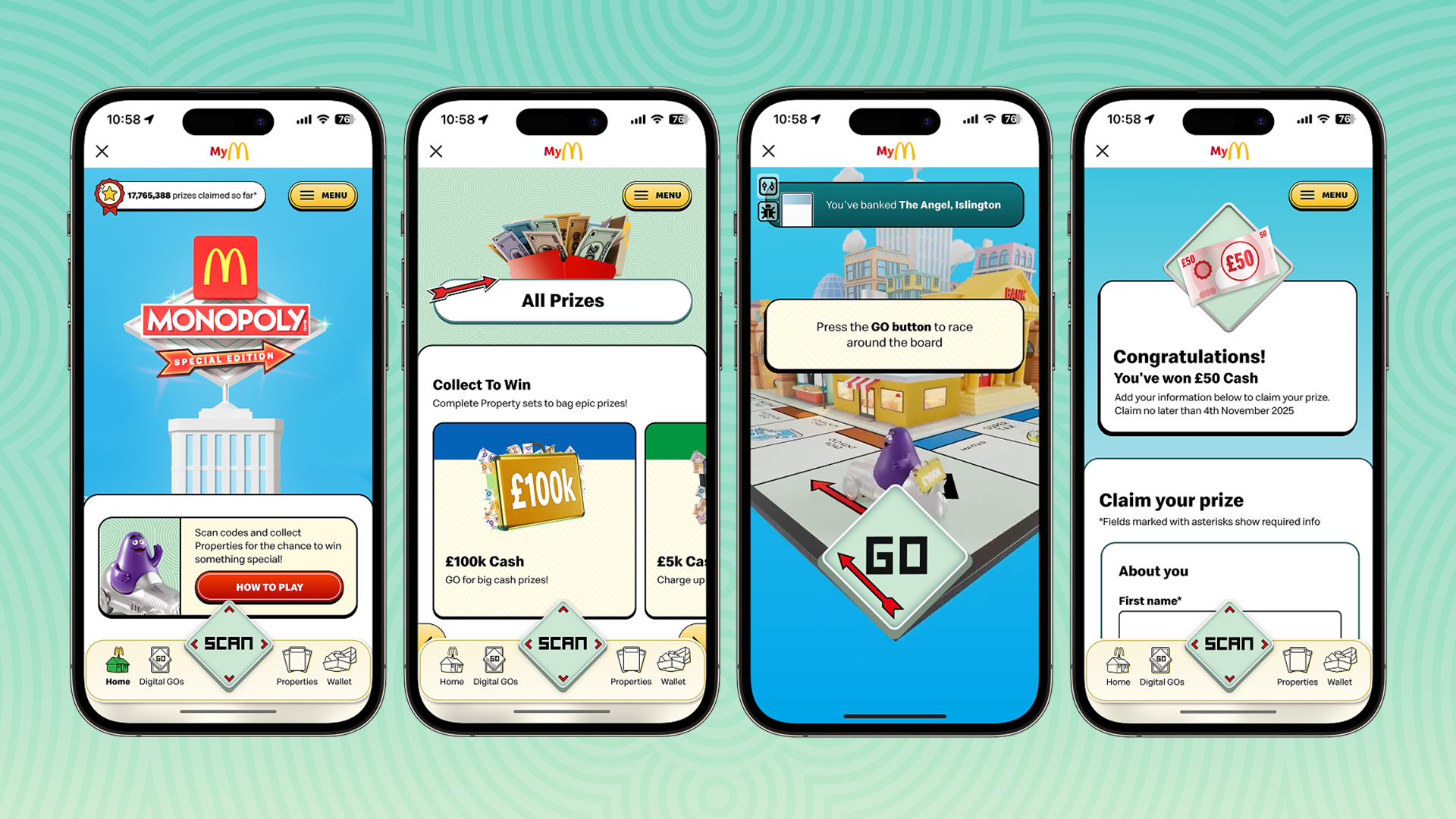 Four app screens of McDonald's MONOPOLY Special Edition: home, prizes, a 3D board with a GO button, a £50 win