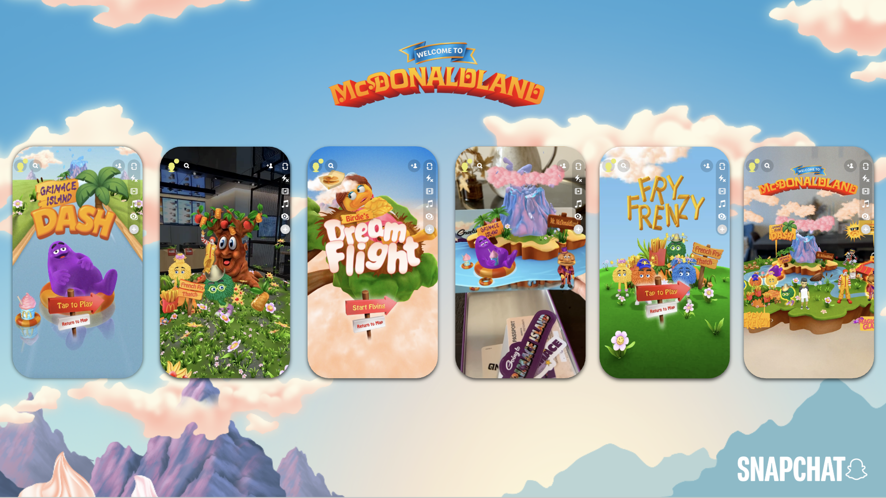 Six Snapchat screens from McDonald's McDonaldland lenses: title cards for Grimace Island Dash, Birdie's Dream Flight and Fry Frenzy, a Grimace Island postcard with a purple volcano island rising from it, and a 3D McDonaldland map in a real room