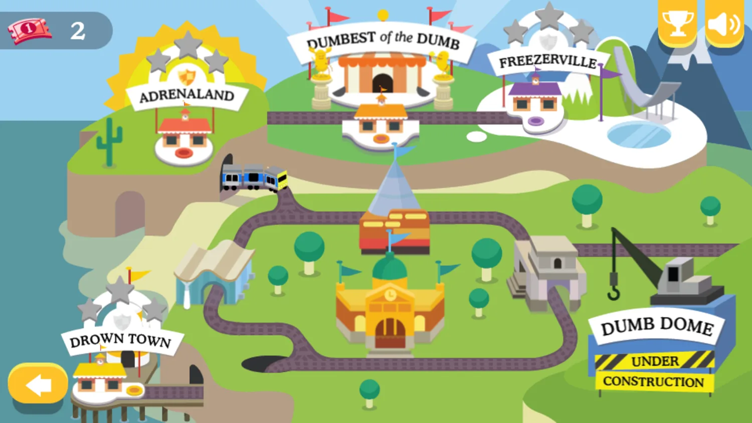 Dumb Ways to Die 2: The Games for Metro Trains: a cartoon map where a train runs on a track between arenas signed Adrenaland, Dumbest of the Dumb, Freezerville and Drown Town, with the Dumb Dome under construction