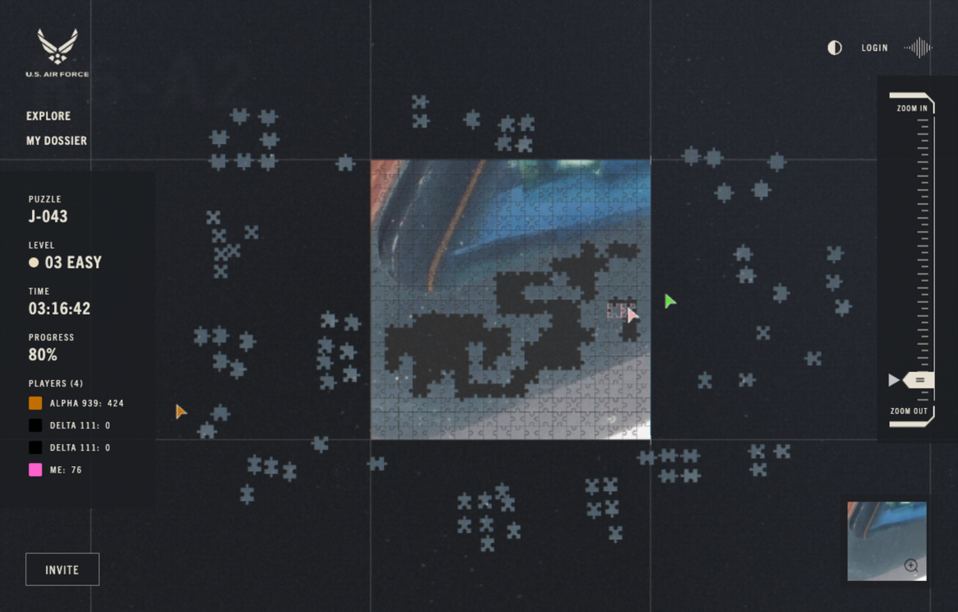 Million Piece Mission for the US Air Force: a tile room 80% assembled with loose jigsaw pieces around it, other players' cursors, and a side panel showing puzzle J-043, level 03 Easy, the timer and four players' scores