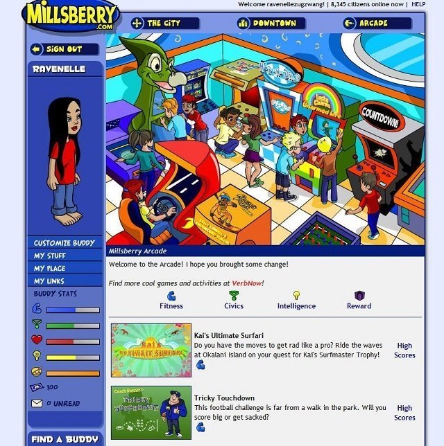 Millsberry for General Mills: the Millsberry Arcade, a cartoon room of children at arcade machines, above a list of games including Kai's Ultimate Surfari and Tricky Touchdown, with a Buddy avatar and stat bars on the left