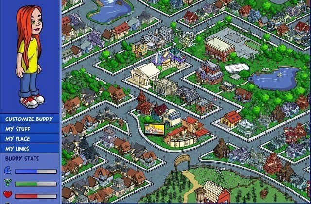 Millsberry for General Mills: an isometric cartoon map of the town's streets, houses, parks and lakes, with a red-haired Buddy avatar, menu links and Buddy Stats bars in the left sidebar