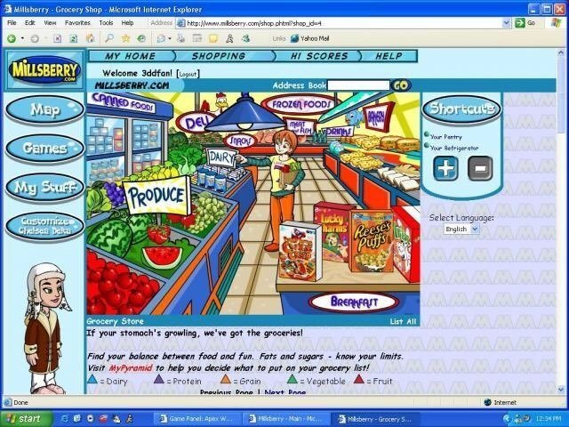 Millsberry's grocery store for General Mills: a cartoon shop with produce, dairy and frozen-food counters, Lucky Charms and Reese's Puffs boxes on a Breakfast shelf, and a note telling players to find a balance between food and fun