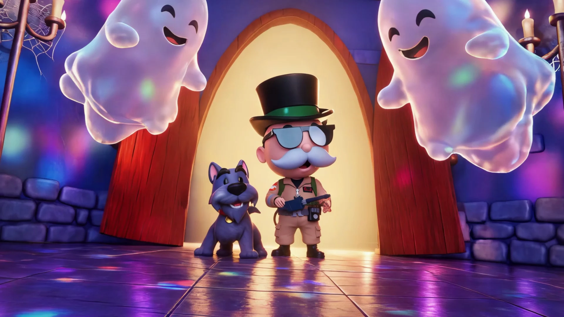 Mr. Monopoly dressed as a Ghostbuster beside a grey dog, two smiling ghosts above, in Monopoly GO! Monster Mash