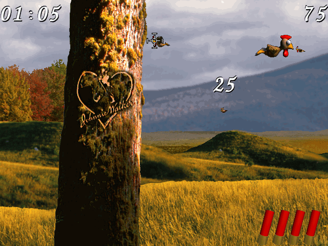 Moorhuhn for Johnnie Walker: a moor of golden grass and green hills under grey cloud, a tree trunk carved with a heart and the Johnnie Walker signature, cartoon moorhens in flight, a crosshair sight, a 25-point pop-up, a timer at 01:05, a score of 75 and four red shotgun shells