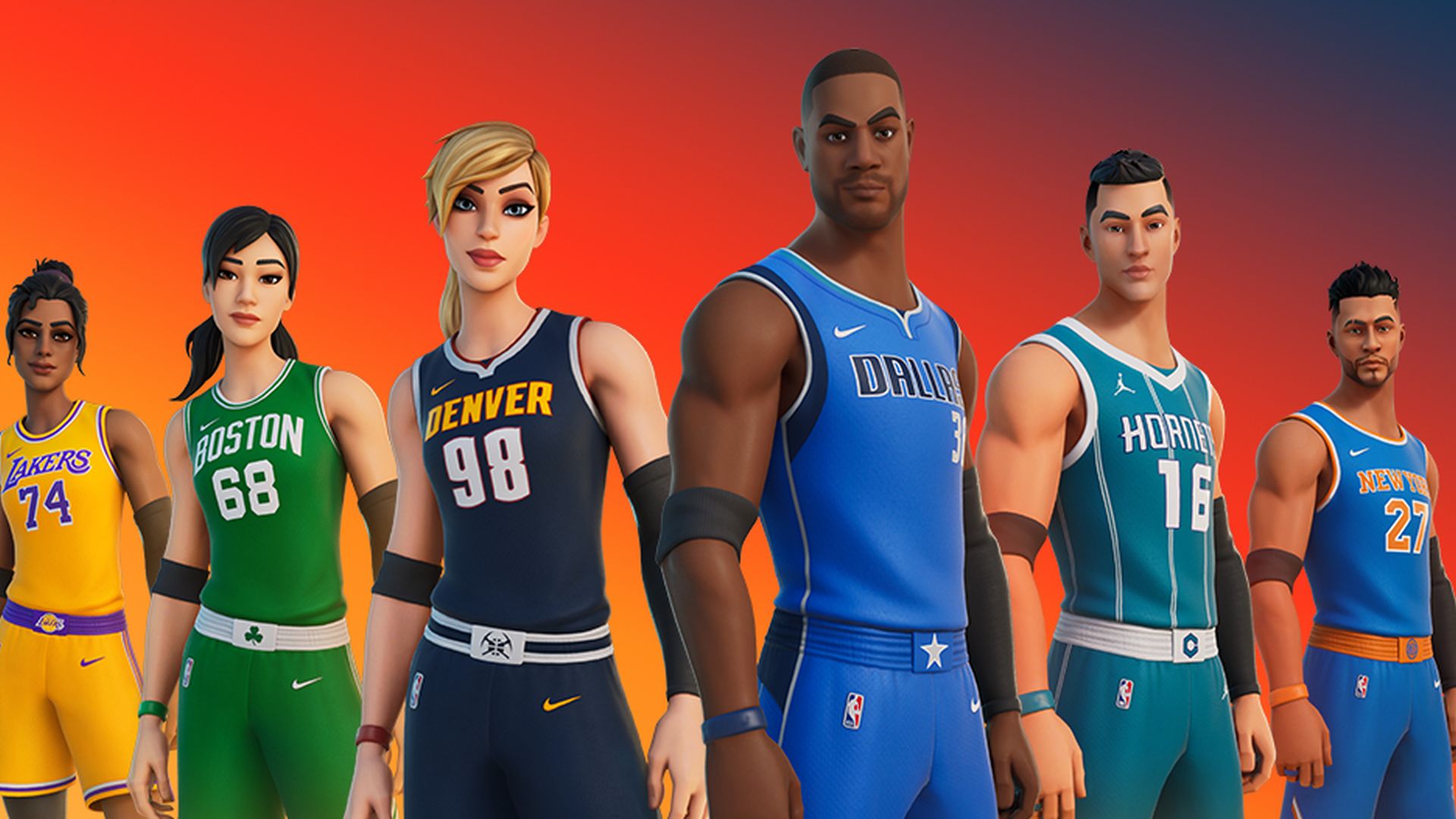 Six Fortnite characters in NBA team kits for The Crossover: Lakers 74, Boston 68, Denver 98, Dallas, Hornets 16 and New York 27, against an orange-red backdrop