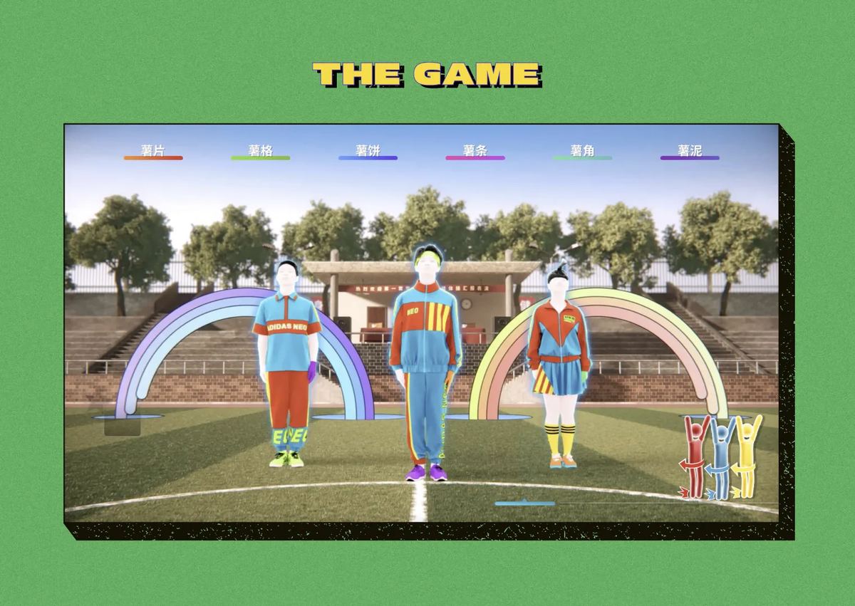 Adidas neo's Youth Is Calling routine in Just Dance: three dancers in red, blue and yellow adidas neo outfits stand on a sports field in front of two rainbow arches, with six coloured player labels along the top and dance-move pictograms in the corner, on a green board headed The Game