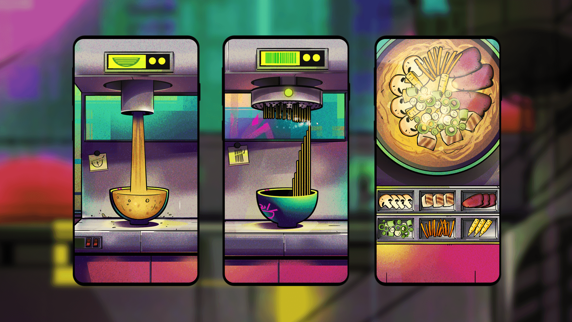 Three phone screens from Neohaven Noodles for National Citizen Service: broth pours into a bowl, noodles drop from a machine into a second bowl, and a finished bowl topped with mushrooms, spring onions, sliced meat, carrot and baby corn sits above six topping trays