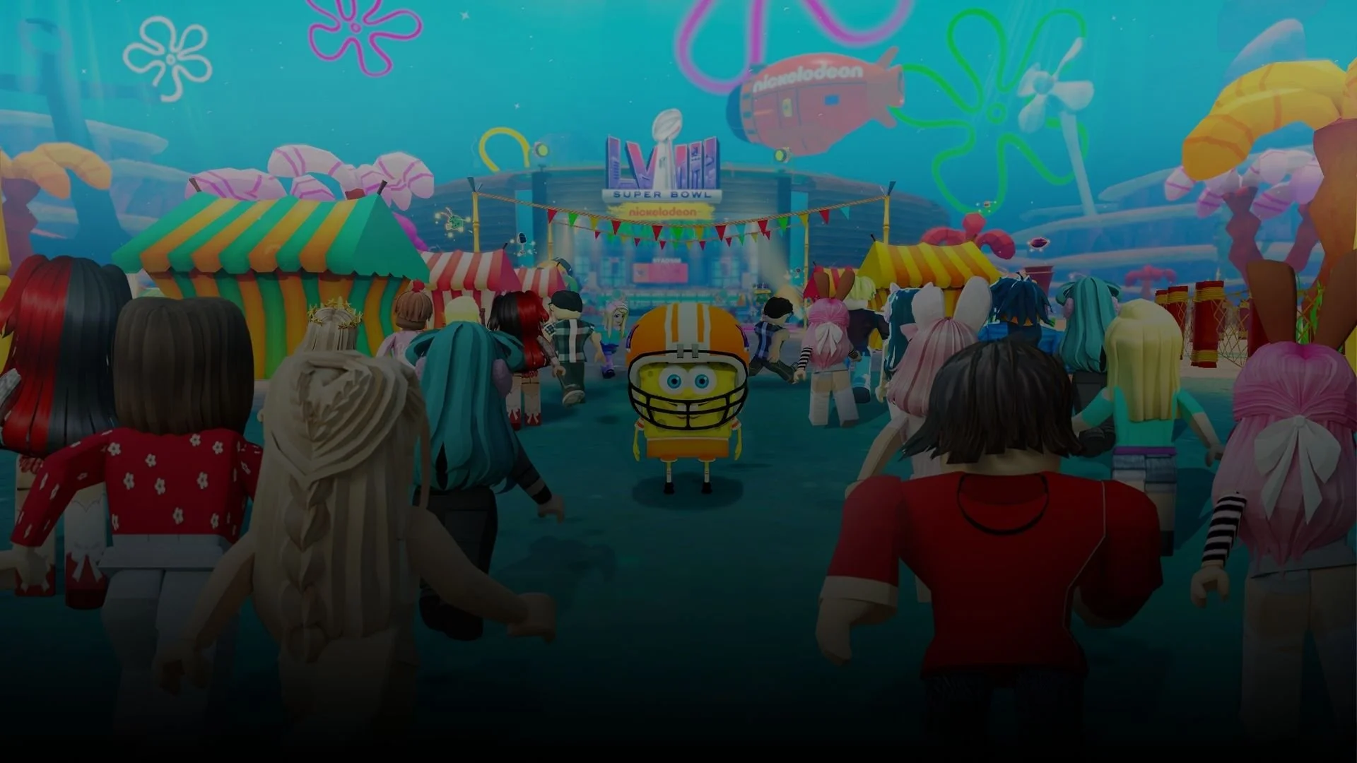 Roblox avatars walk towards SpongeBob in an American football helmet, with a Super Bowl LVIII stadium and Nickelodeon blimp behind, in the NFL activation